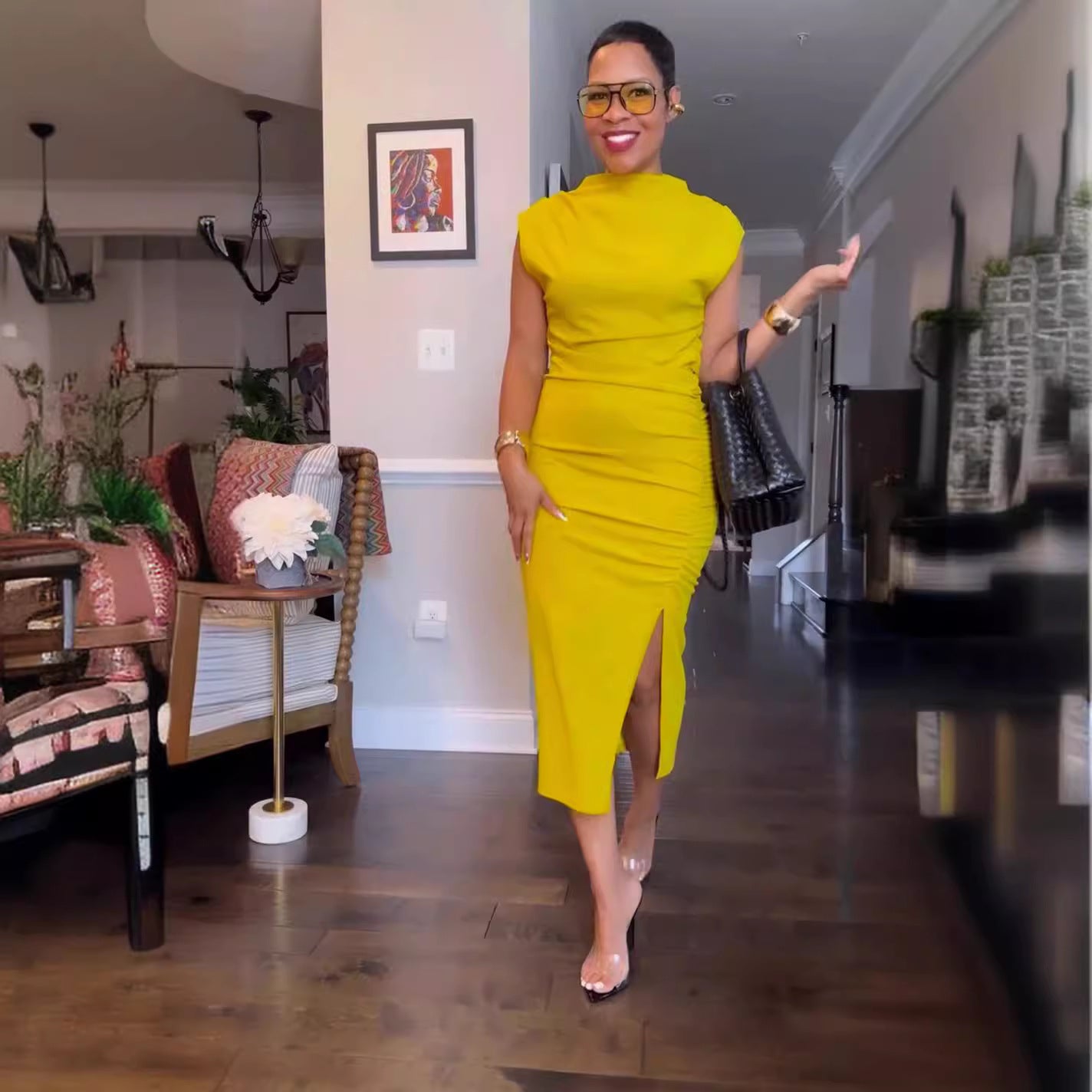 Women Clothing Solid Color Slim Fit Sheath Slit Mid Length Dress