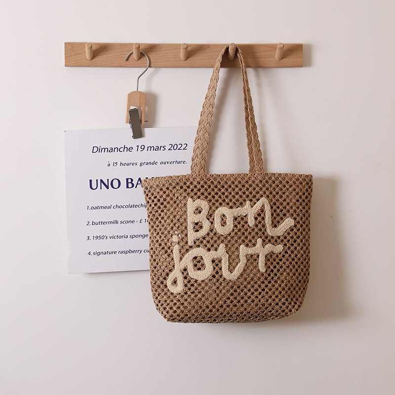 Letter Graphic Embroidery Woven Bag All Match Shoulder Hollow Out Cutout Straw Bag Vacation Beach Bag Women Bag