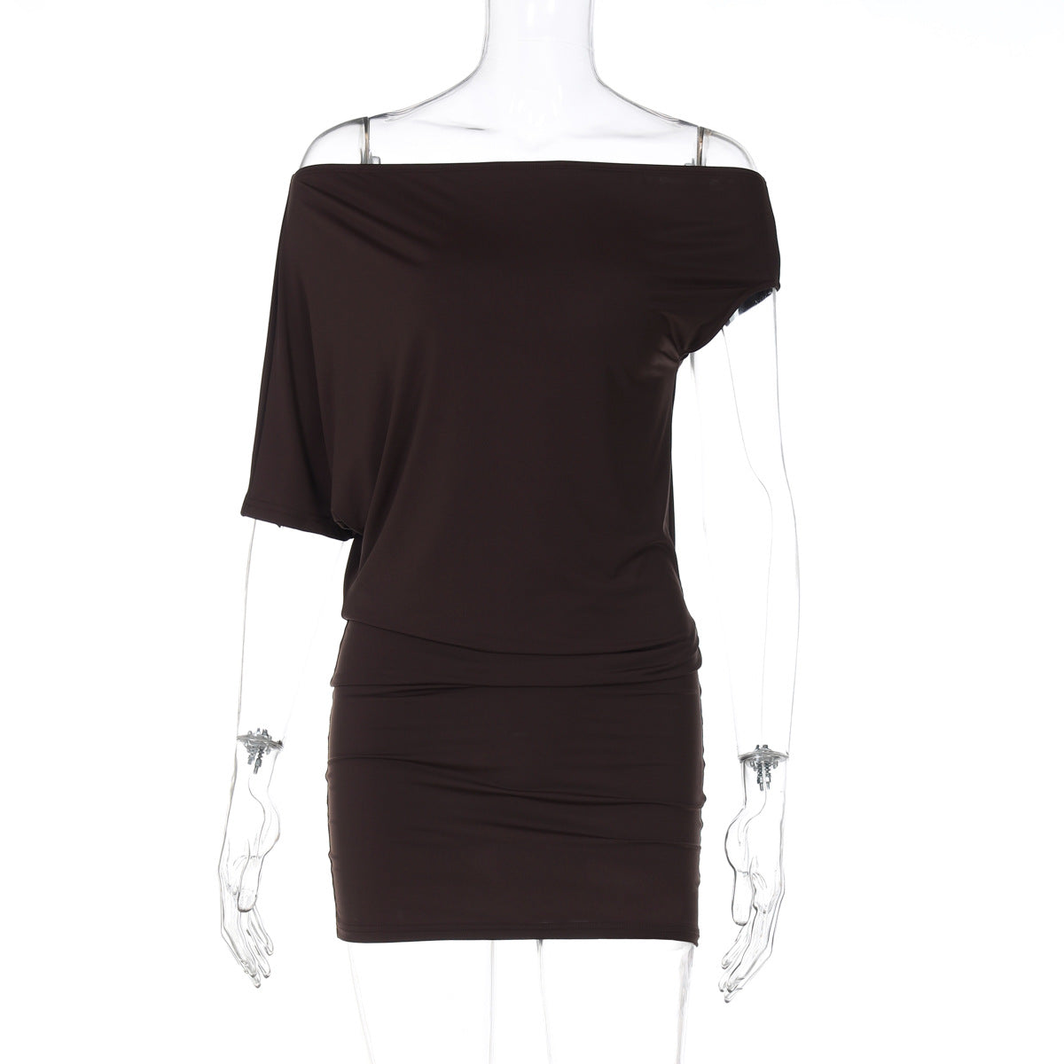 Sexy Solid Color Women Clothing Sexy Tube Top Irregular Asymmetric Shoulder Sleeve Short Slim Sheath Dress Women