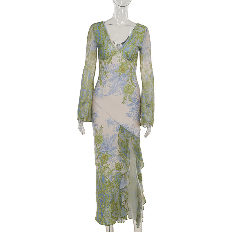 Autumn Maxi Dress Elegant Slim Print Irregular Asymmetric Hem Dress Women