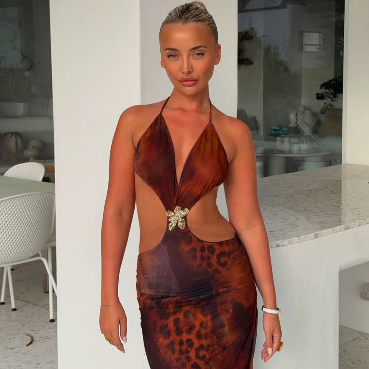 Women Summer Sexy Hollowed Printing Slim Fit Slit Dress