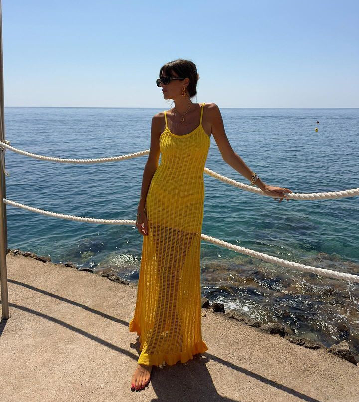 Autumn Winter Sexy Sheath Cutout Sling Ruffled Long Woolen Dress