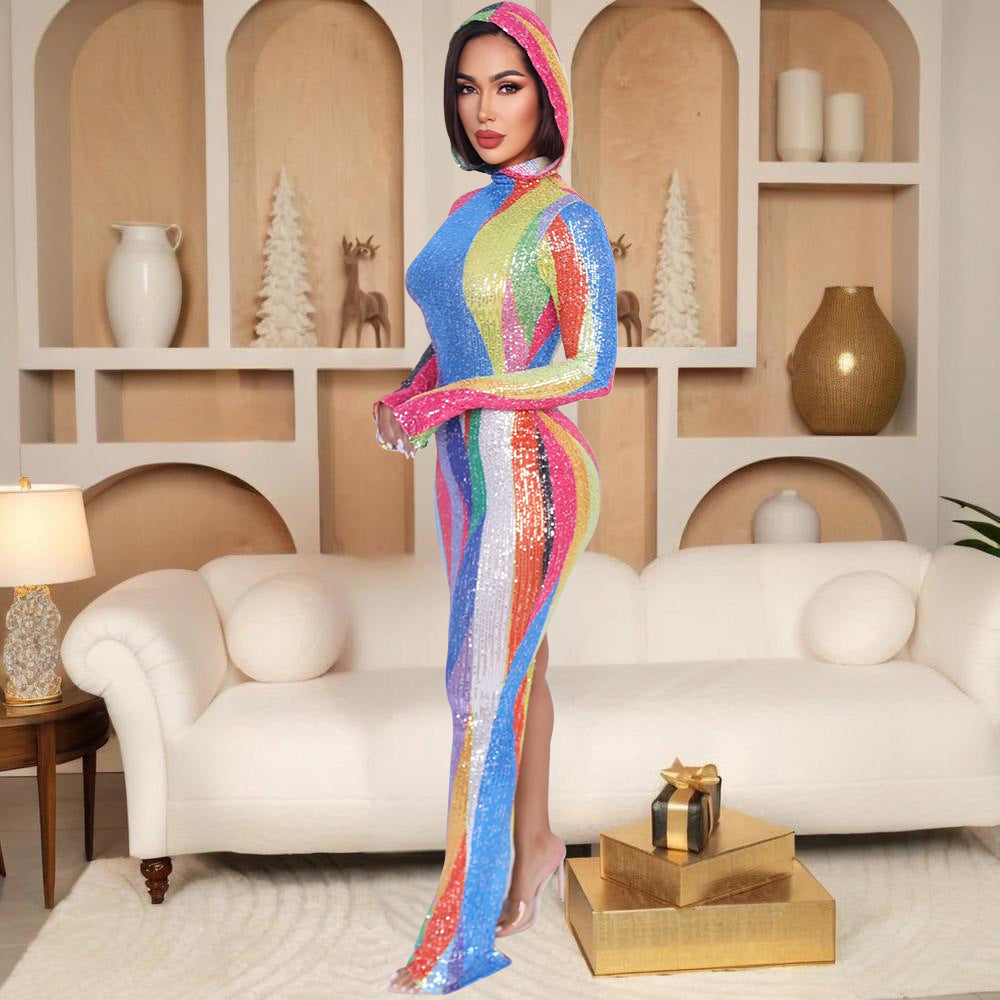 Performance Clothes Nightclub Bar Sexy Dress Hooded High Slit Maxi Dress Women Clothing