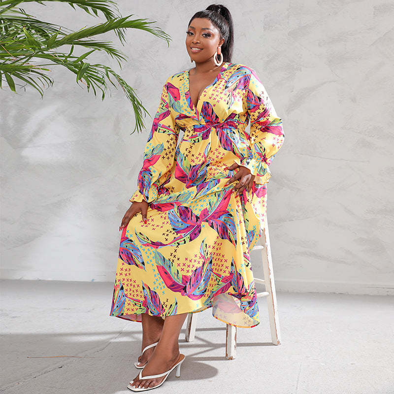 Plus Size Women Clothing Dress Long Sleeve Large Swing Dress