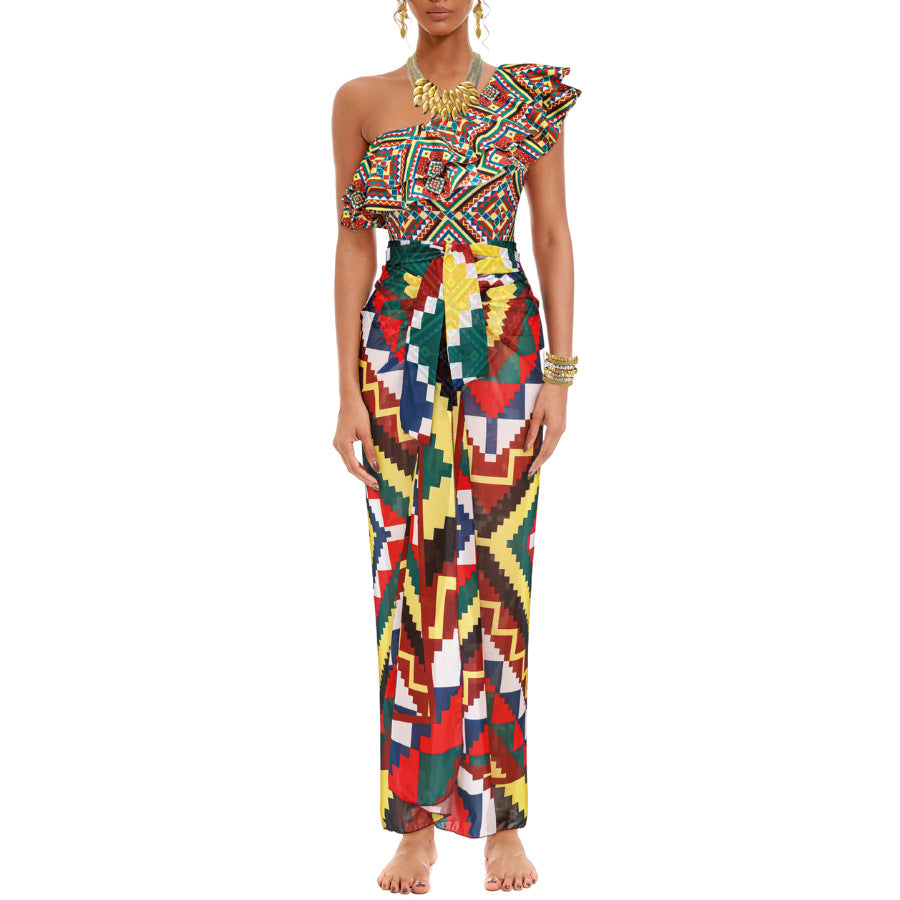 Sexy One Piece Swimsuit Women Bikini Ruffled Printed Swimsuit Chiffon Dress