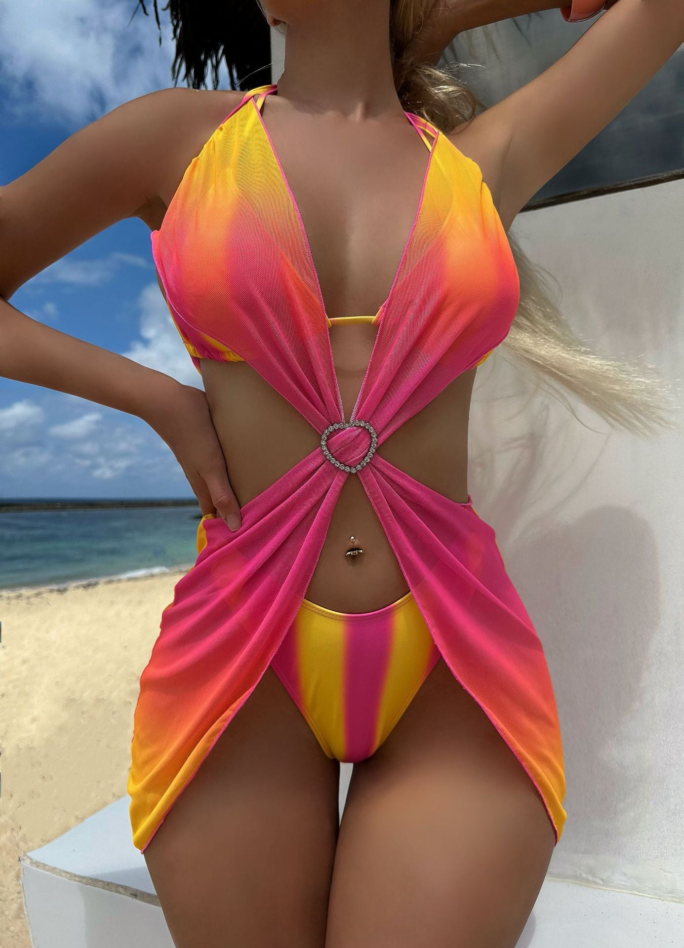 Striped Gradient Love Tulle Skirt Three Piece Sets Swimwear Swimsuit Bikini