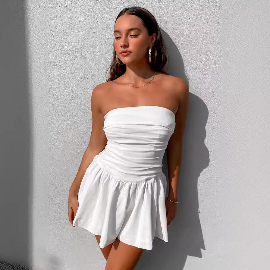 Spring Summer Women Clothing Tube Top Backless Pleated Solid Color Short Dress