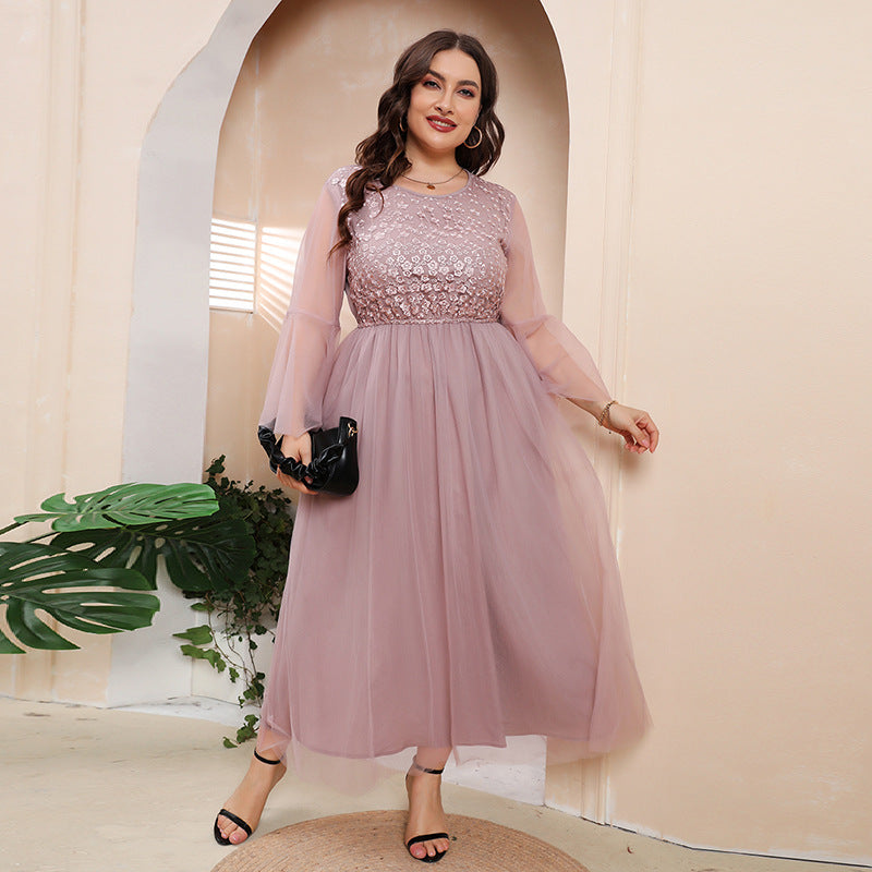 Plus Size Mesh Long Sleeve Dress Evening Dress Women Plump Girls Cocktail Party French Midi Dress