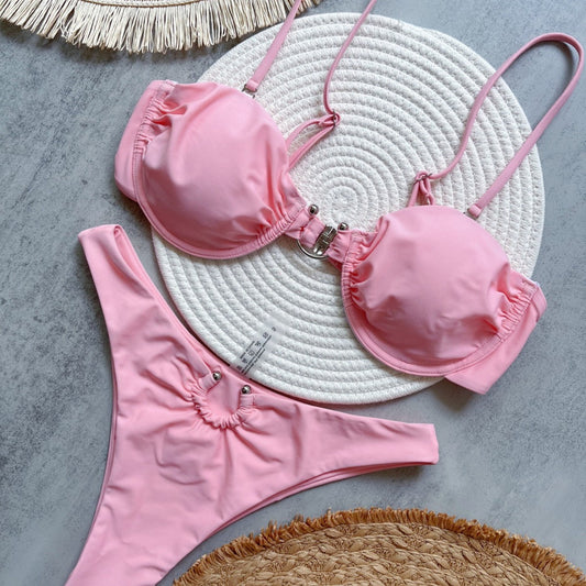 Bikini Metal Accessories Solid Color Swimsuit Beach Sexy Women Swimsuit