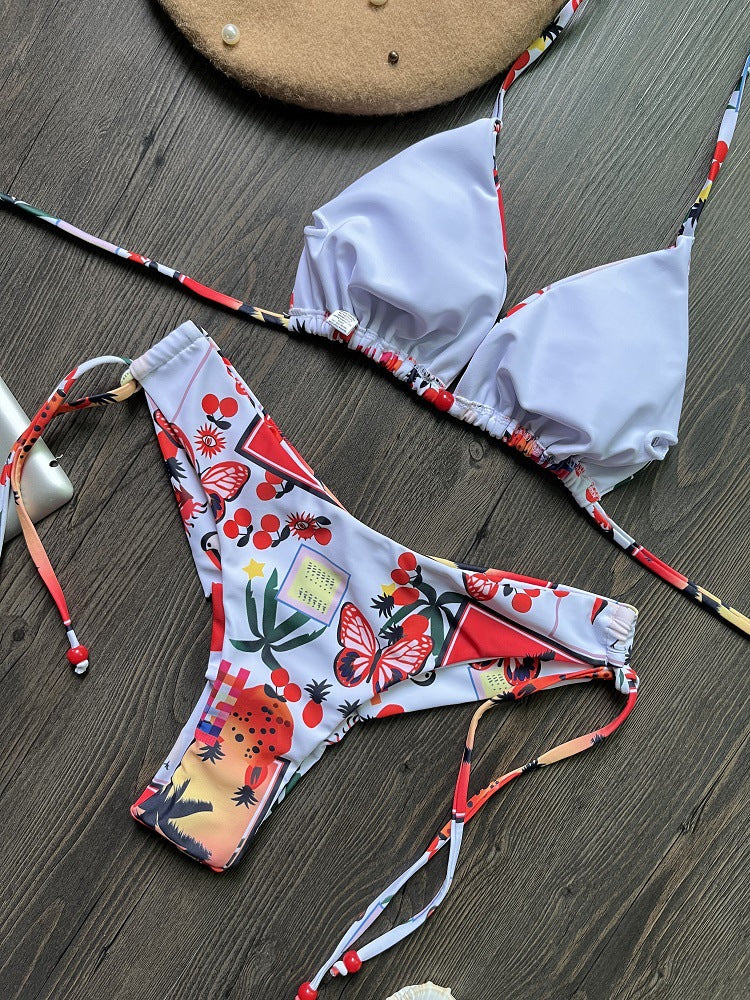 Swimsuit Women Printed Triangle Bikini Lace Up Three Point Bikini Swimsuit