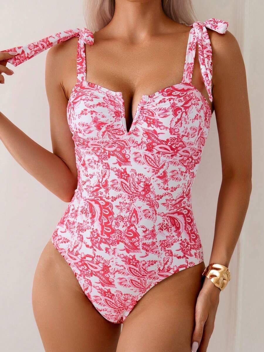 Bikini Siamese Conservative Swimsuit Digital Printed Belly Covered Slimming V Neckline Swimsuit