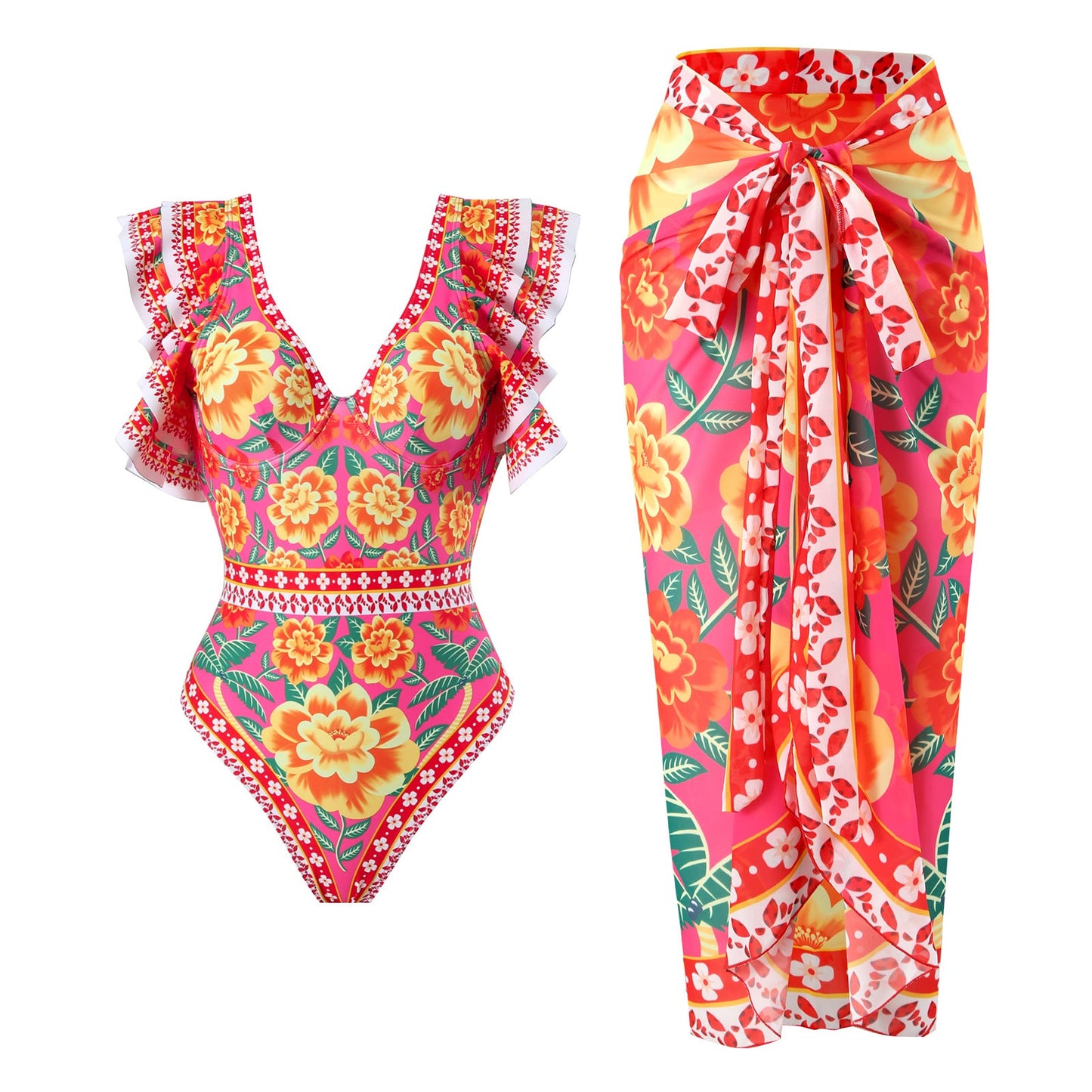 Spring Sexy Swimsuit Women Conservative Warm Printed Swimsuit Wrap Skirt Set