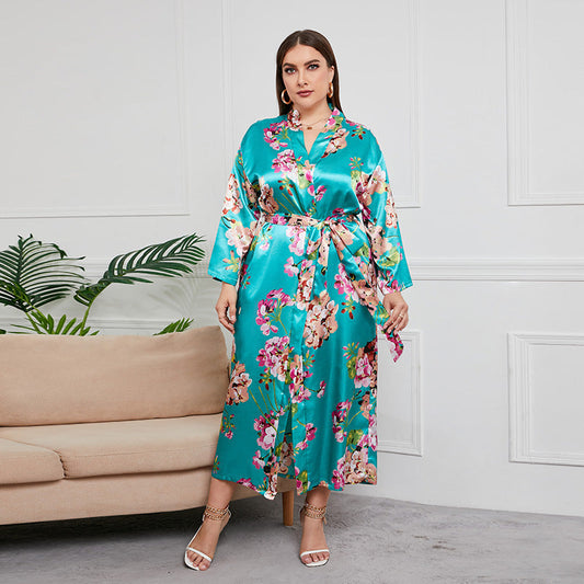 Plus Size Women Artificial Silk Satin Long Sleeved Pajamas Plump Girls Wearable Home