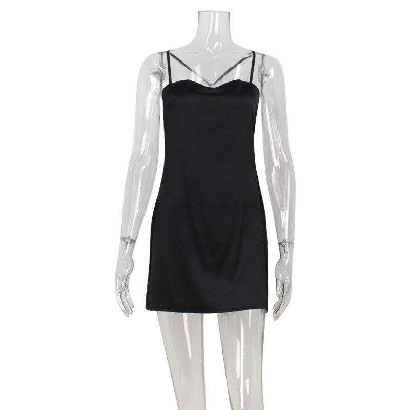 Sexy Mesh Stitching See through Backless Satin Sling Dress Sexy Pajamas Short Dress Women