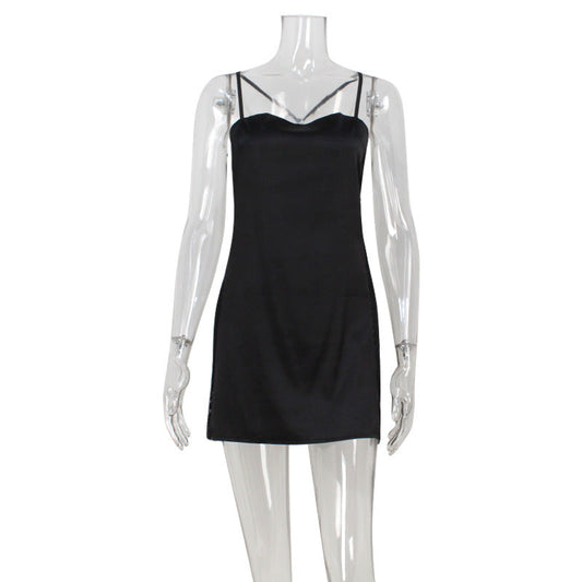 Sexy Mesh Stitching See through Backless Satin Sling Dress Sexy Pajamas Short Dress Women