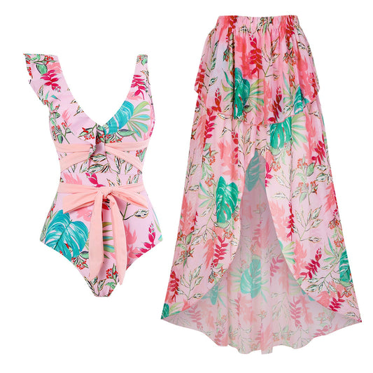 Siamese Conservative Flying Edge Covering Belly Thin Sexy Skirt Swimsuit Women Wrap Skirt Set Women