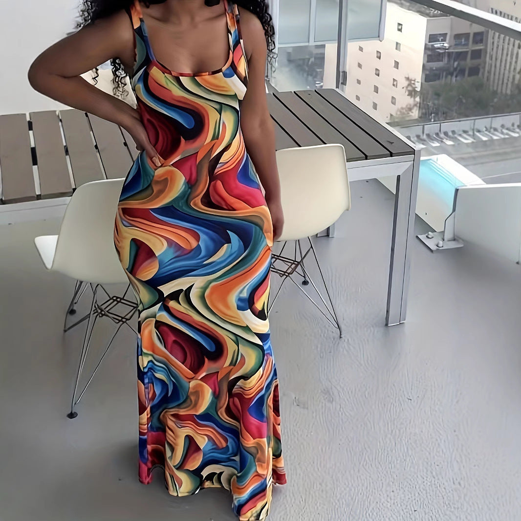 Women Trendy Temuw Women Clothing Printed Wave Pattern Maxi Dress