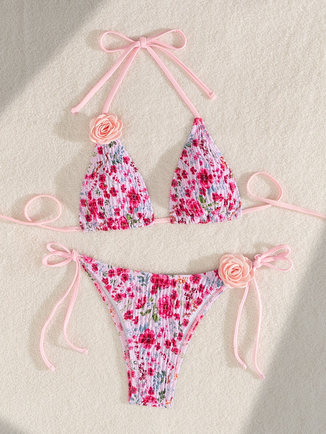 Split Swimsuit Printed Women Three Dimensional Ornamental Floral Bikini