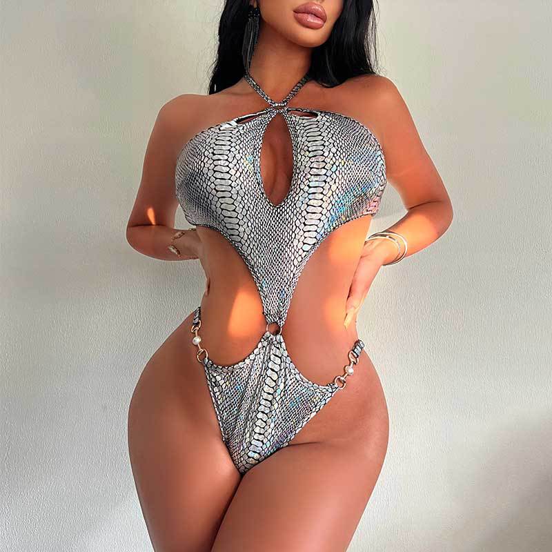 One Piece Hollow Out Cutout Sexy Pearl Buckle Halter Women Swimsuit Bikini One Piece Swimsuit