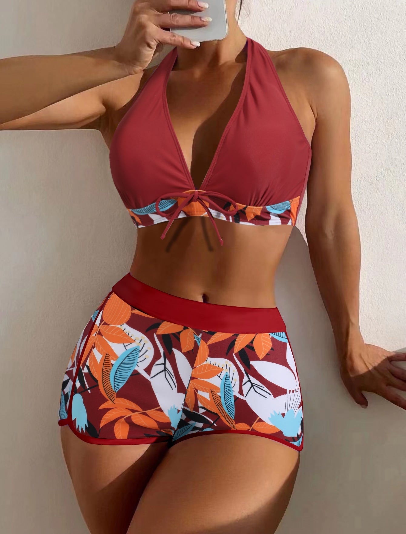 Swimsuit Women Split High Waist Boxer Lace Printing Solid Color Stitching Swimsuit
