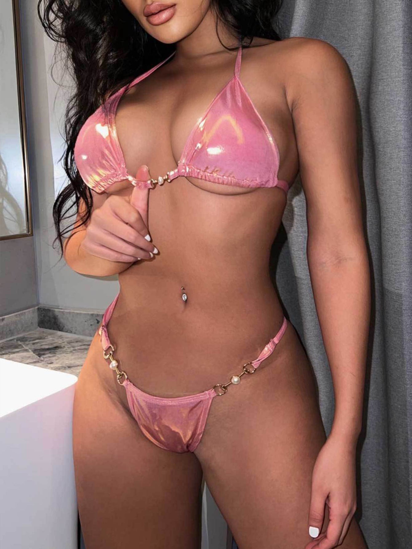 Swimsuit Split Swimsuit Pink Bronze Halter Lace up Sexy Backless Swimsuit Bikini