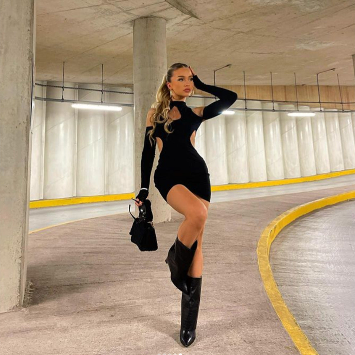 Autumn Winter Solid Color Sexy Cutout off Shoulder Halter Skinny Sheath Dress for Women