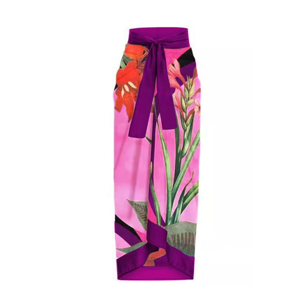 Two Piece Set Swimsuit Cross Belly Covering Printed Backless Sheath Dress Swimsuit