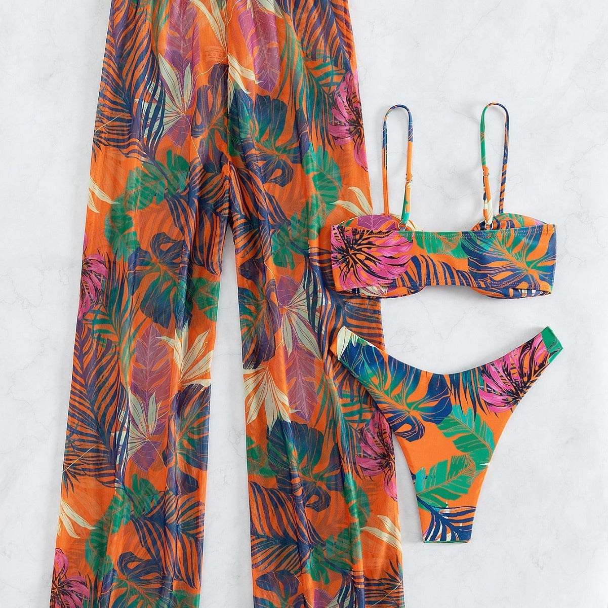 Plant Print Spaghetti Strap Buckle Tube Top High Cut Briefs Trousers Split Three Piece Bikini