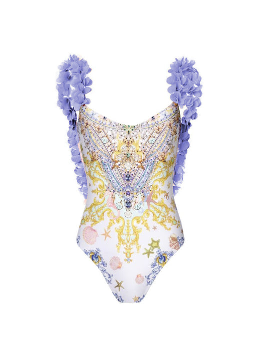Printing Swimsuit Petals Cover Belly Backless Swimsuit
