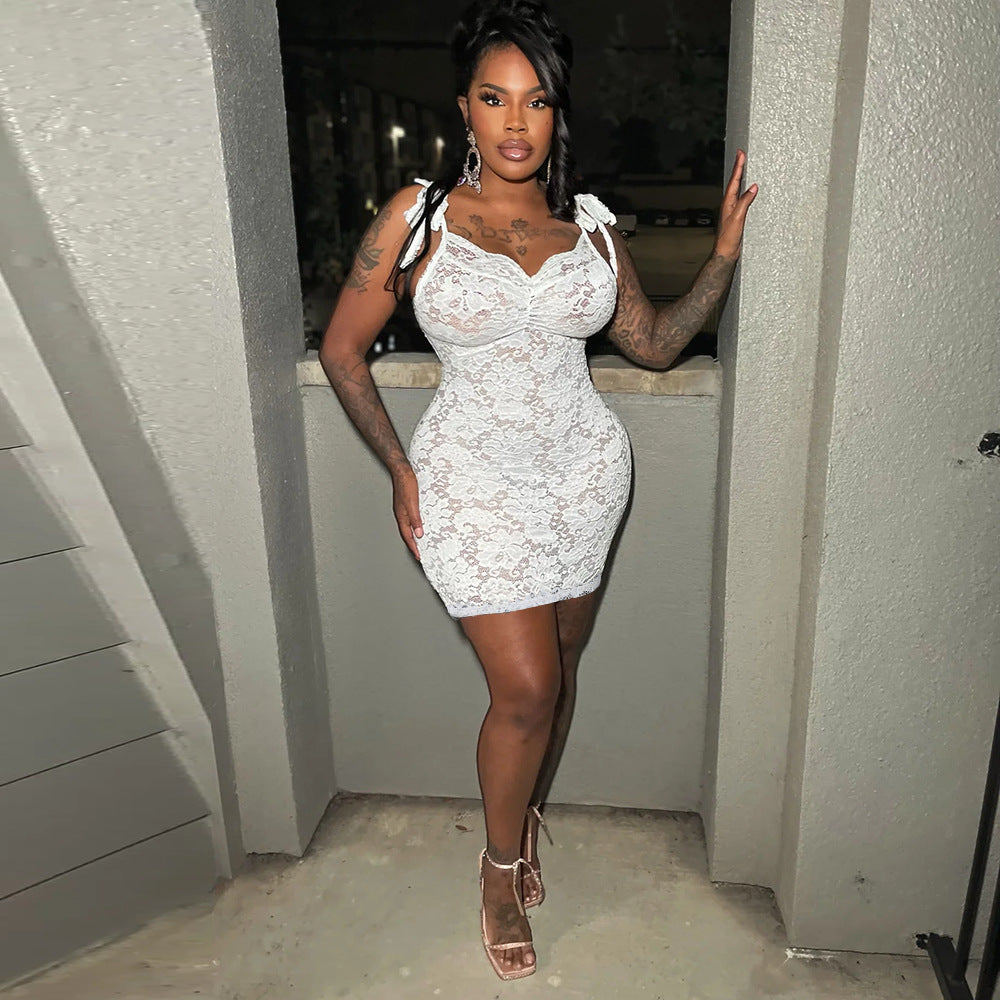 Sexy Women Clothing See through Slim Fit Lace up Sling Floral Lace Sheath Dress