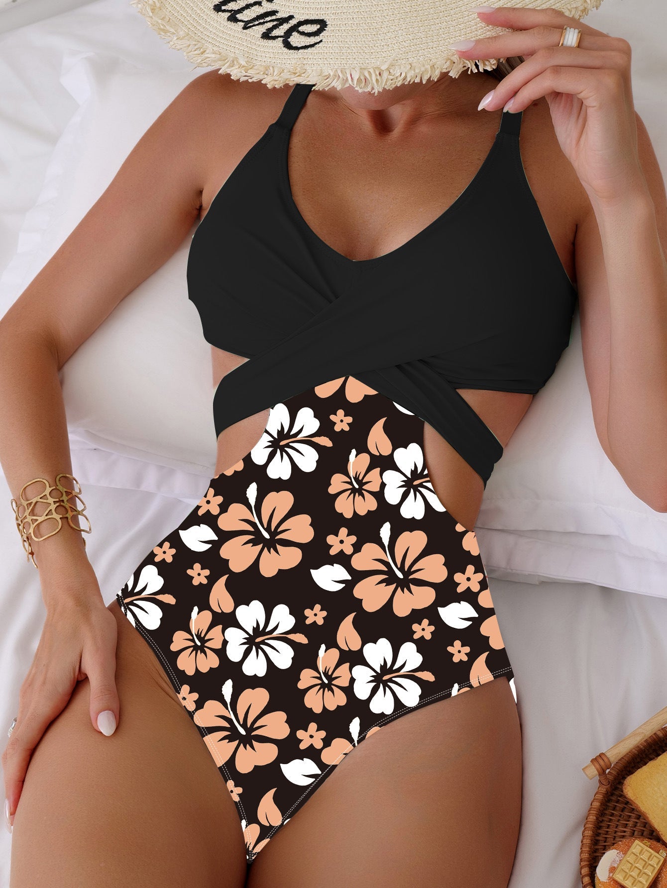 Bikini Printing Hollow Out Cutout Out Tied Sexy Siamese Bikini Swimsuit Swimwear Women