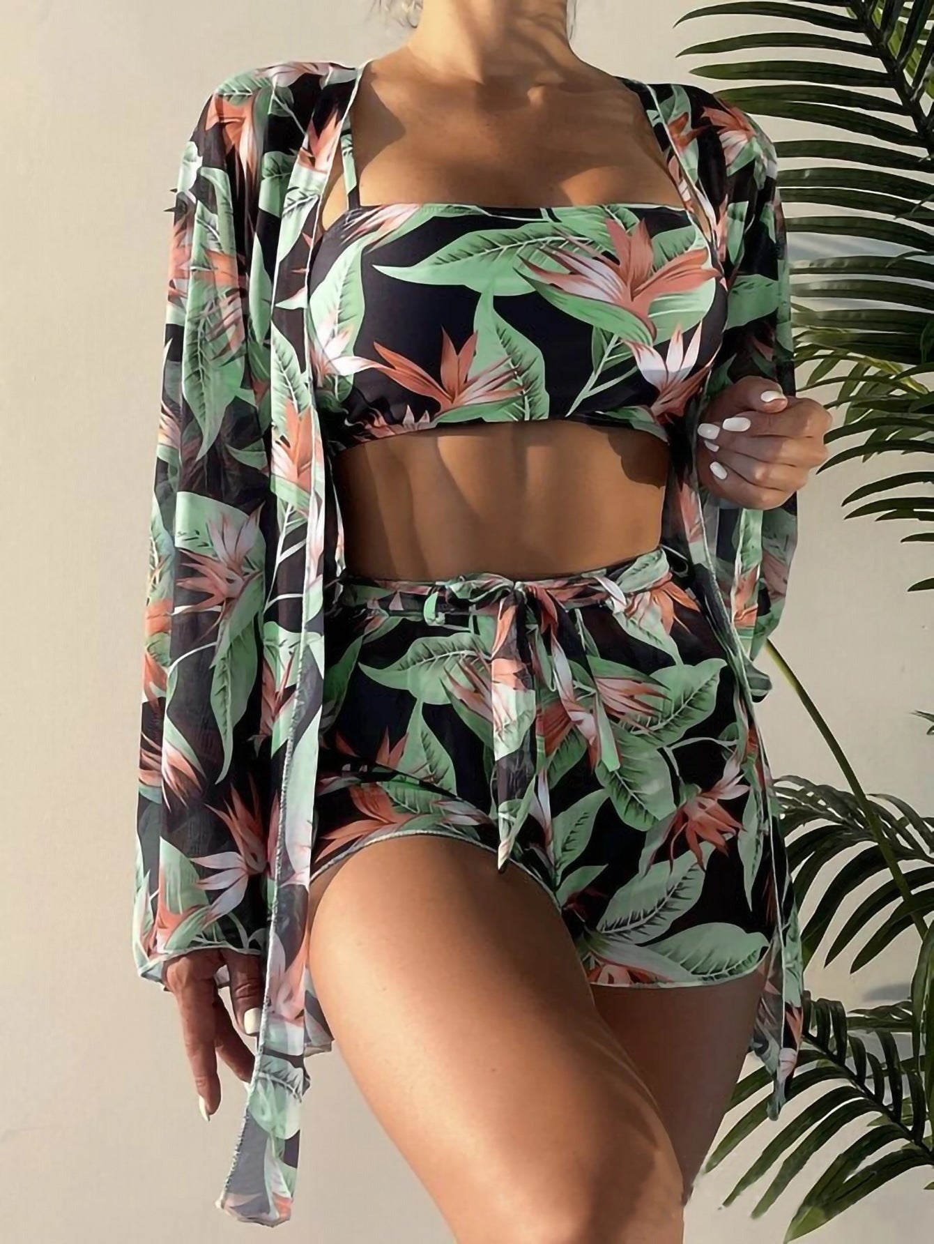 Swimsuit Women Split Three Piece Suit High Waist Long Sleeves Boxers Bikini