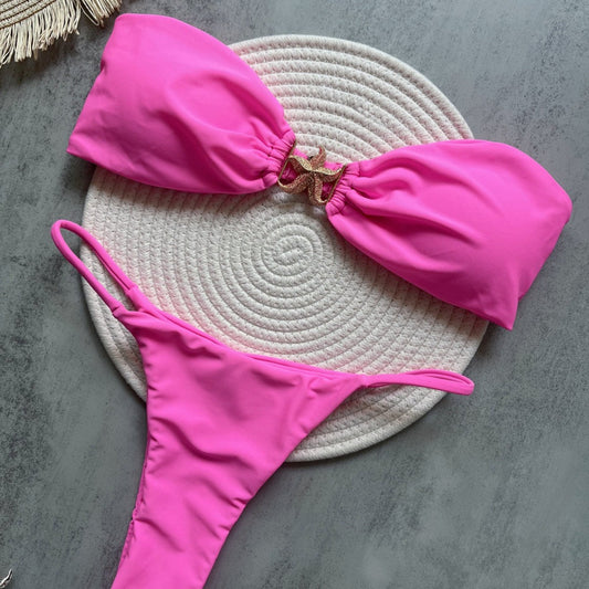 Nylon Fabric Five-Pointed Star Accessories Solid Color Bikini Sexy Backless Split Swimsuit Bikini