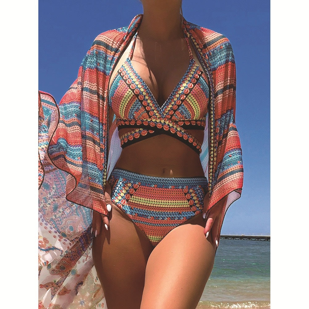 Bikini Sexy Cross High Waist Split Swimsuit Women Extra Long Sun Protective Blouse