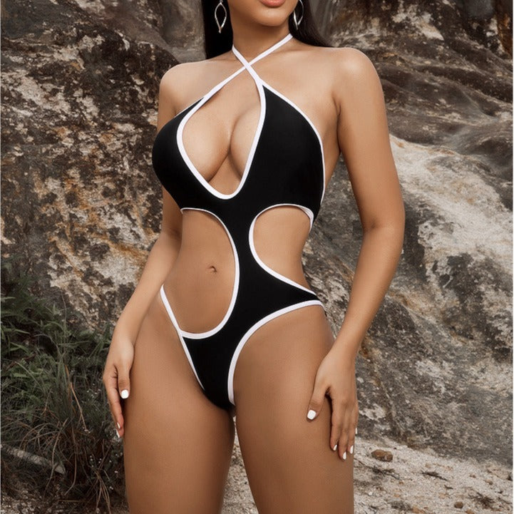 Bikini Black White Contrast Color Hollow Out Cutout Strap One Piece Swimsuit