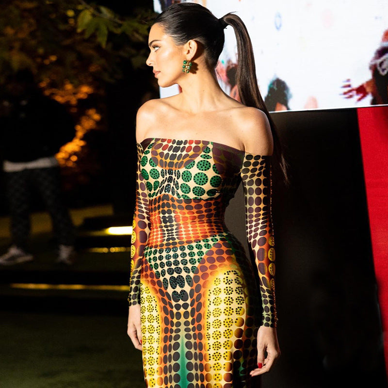 Spring Women Clothing Featured Faux off Neck Stitching Long Sleeve Slim Expansion Dress