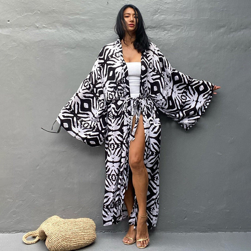 Leopard Print Long Cardigan Loose Beach Sun Protection Coat Beach Cover Up Swimsuit Outwear Women
