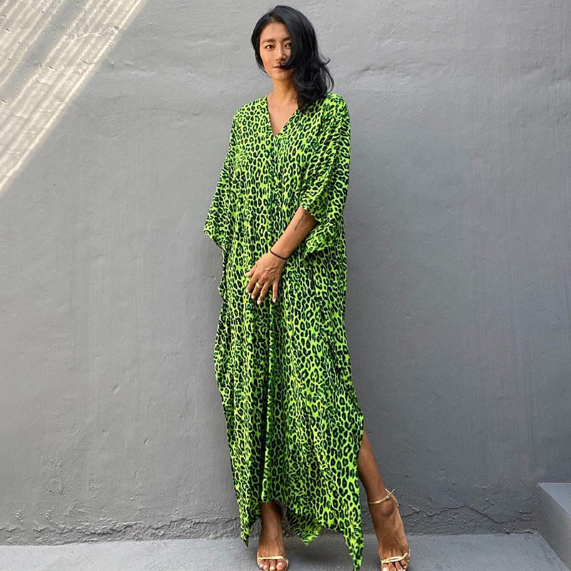 Leopard Print Long Cardigan Loose Beach Sun Protection Coat Beach Cover Up Swimsuit Outwear Women