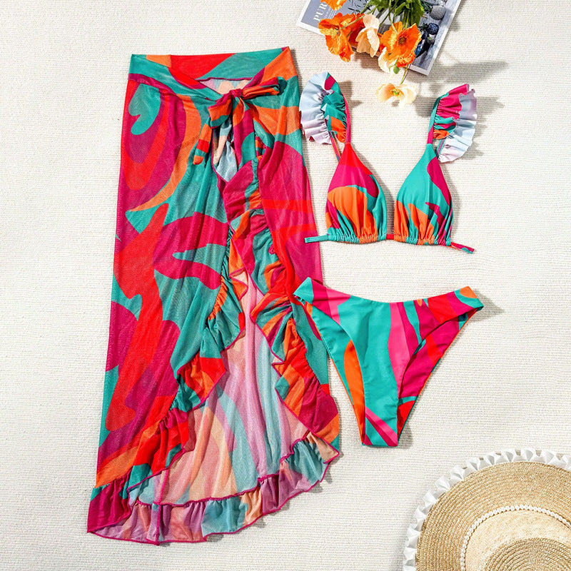 Printed Beach Dress Three Piece Swimsuit Lady Sexy Bikini Spring Swimsuit