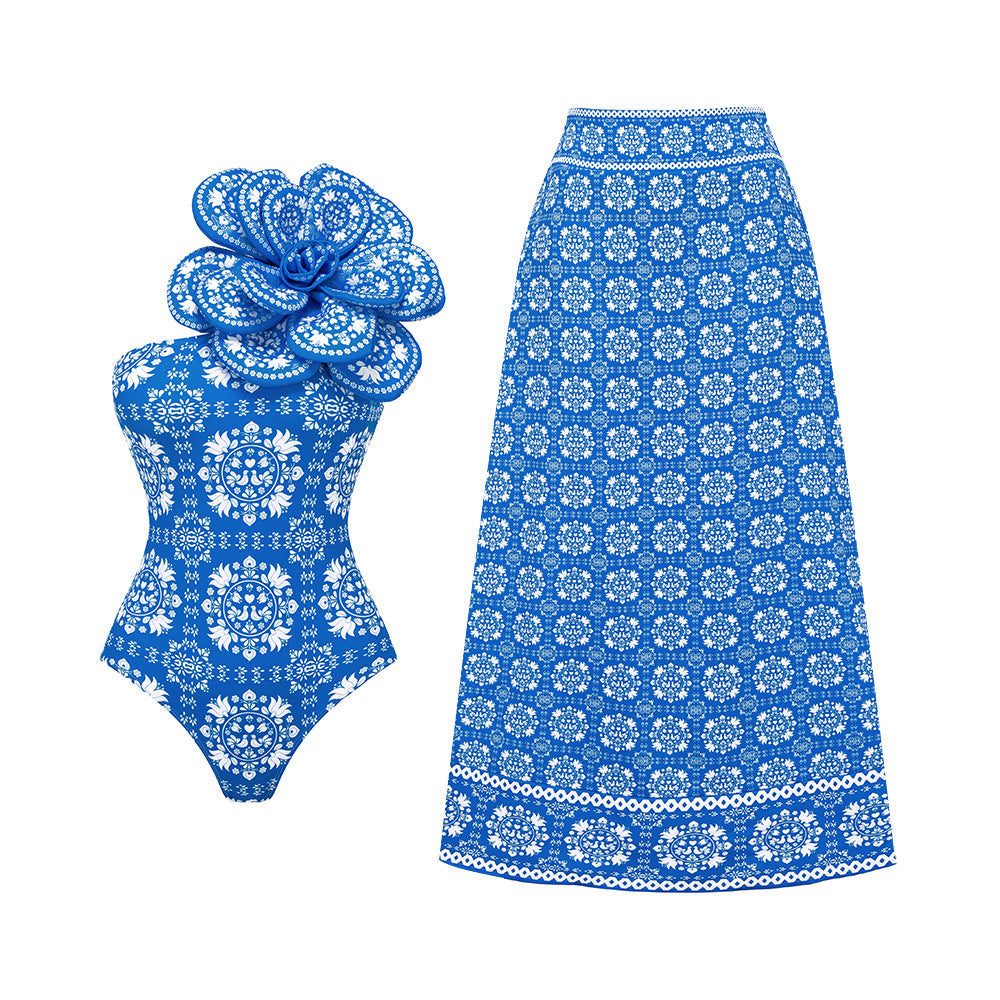 Blue Printing Handmade High Quality Big Floral One Piece Swimsuit Women