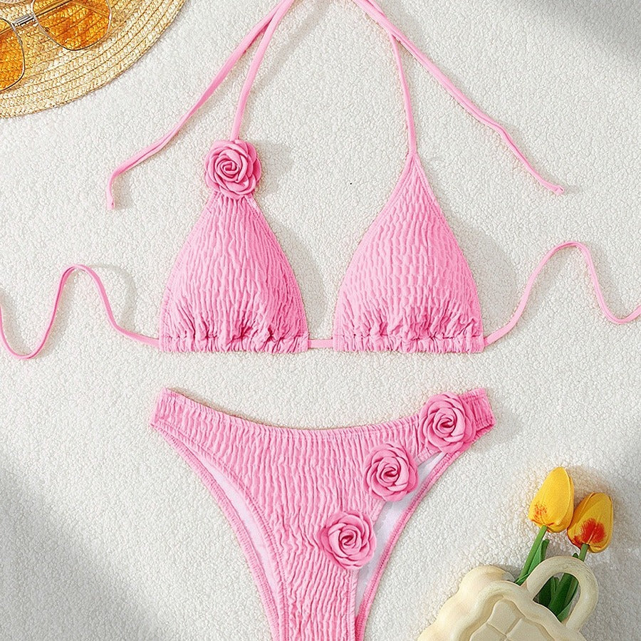 Bandage Sexy Split Swimsuit 3D Three Dimensional Floral Bikini Women Surfing Beach Wear