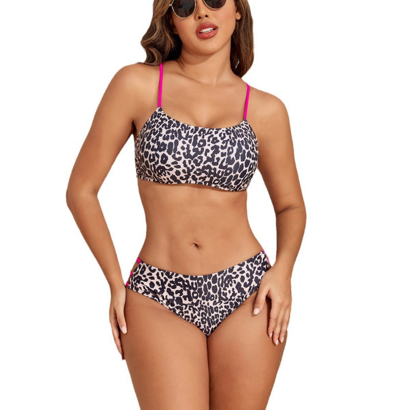 Split Swimsuit Leopard Print Simple Bikini Women Sexy Beach Swimsuit with Chest Pad