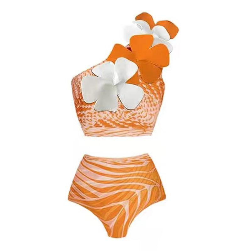 Retro Split Swimsuit Sexy One Shoulder Swimsuit Chiffon Beach Skirt Set for Vacation