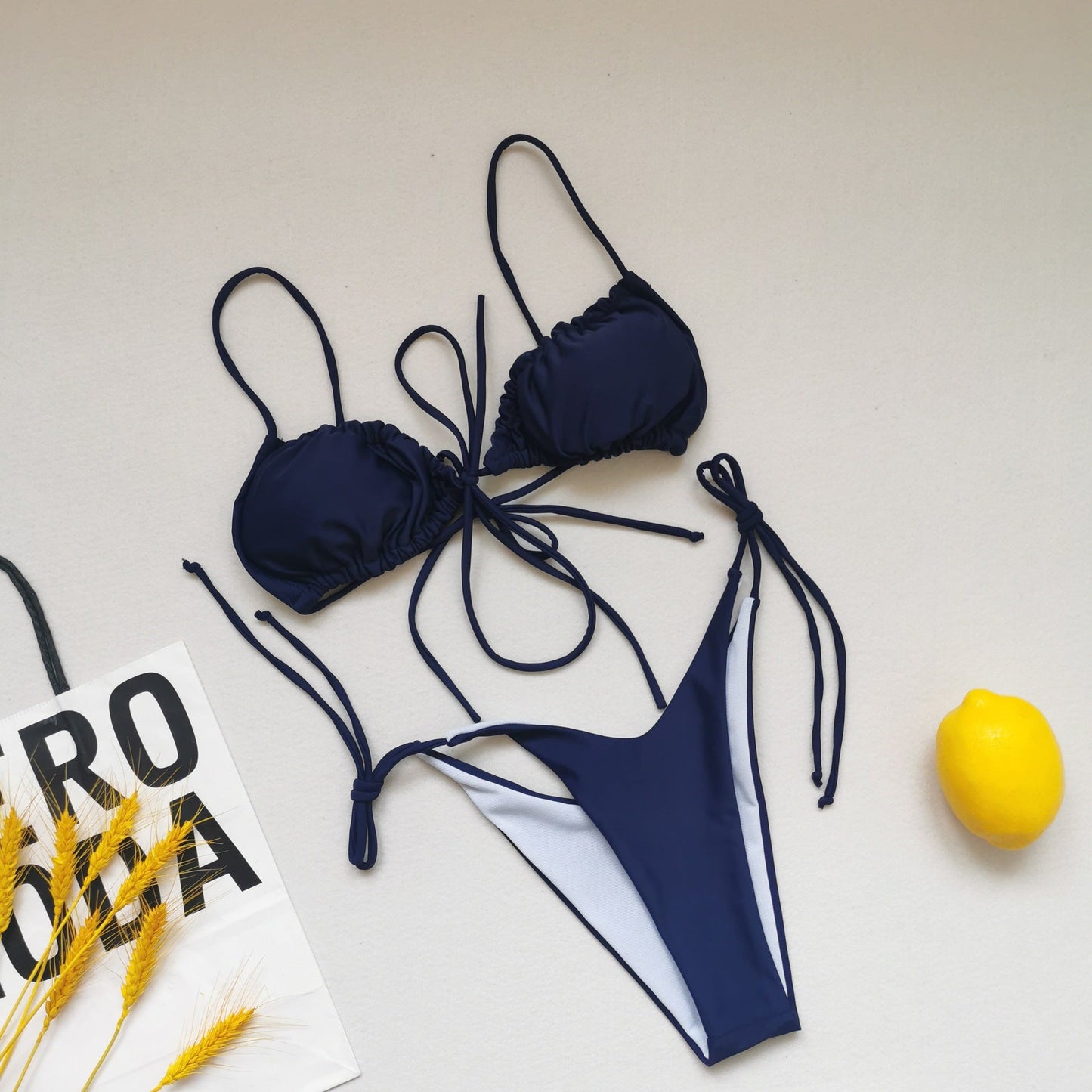 Sling Bandage Swimsuit Women Pleated Push up Drawstring Sexy Solid Color Bikini Swimsuit