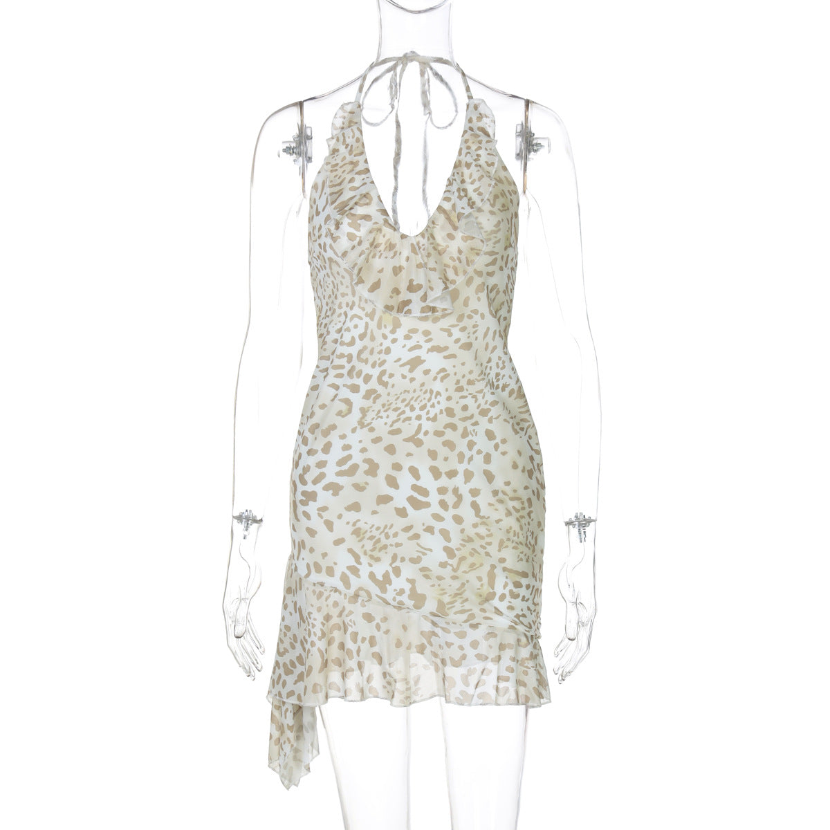 Summer Sexy Leopard Print Printed Sexy Deep V Plunge Sheath Wooden Ear Halter Dress Women