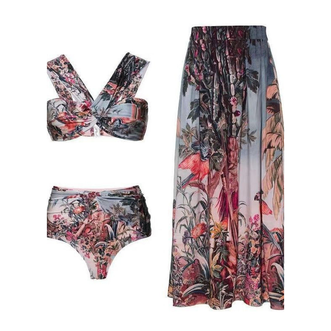 Vacation Beach Dress Swimsuit Women's Retro Printed Spring Bathing Suit Three Piece Suit