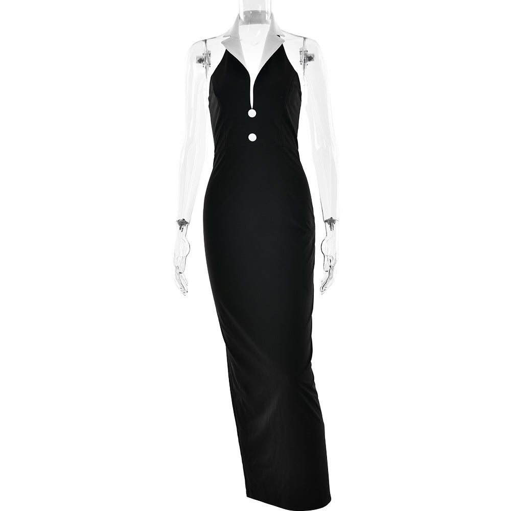 Spring Summer Elegant Collared Dress Sexy Backless Slit Slimming Dress