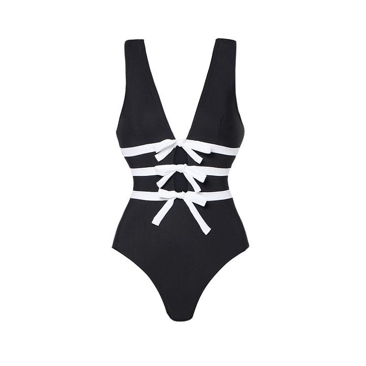 Black White V neck Bow Hollow Out Cutout out Swimsuit Women Slimming