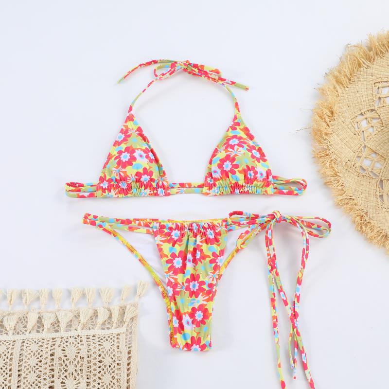 Strap Split Swimsuit Women Printed Sexy Banded Bikini