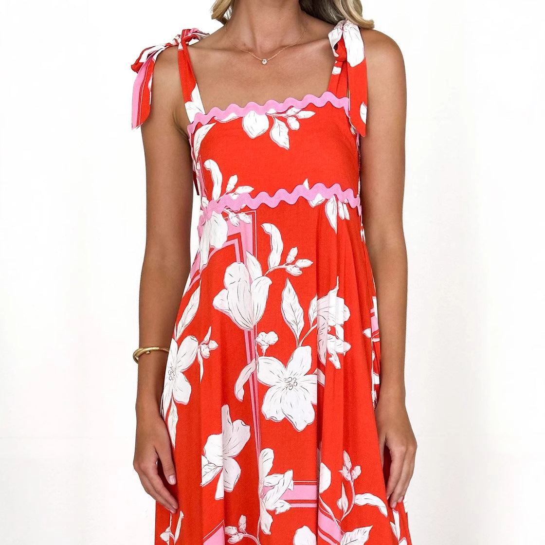 Floral Wave Halter Dress - Spaghetti Strap A-Line Maxi Dress with Tie Details